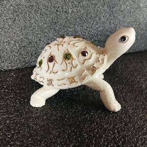 Decorative White Turtle Figurine with Gem Accents